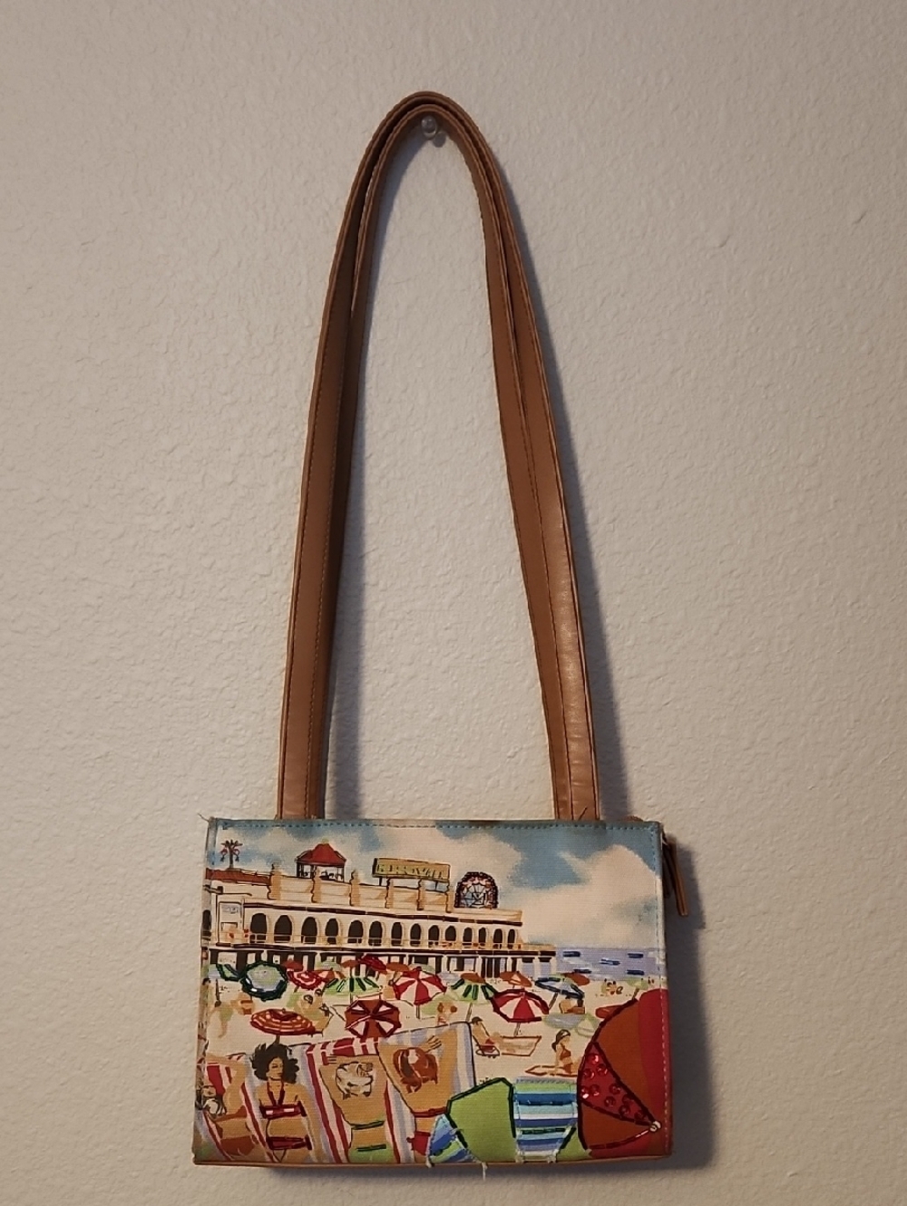 Beach Scene Canvas Shoulder Bag in Brown and Multi